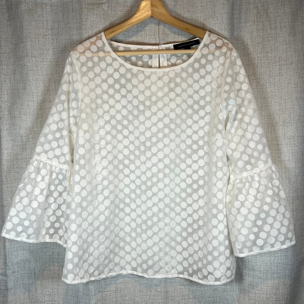 TOMMY HILFIGER Sheer Polka Dot Bell Sleeve Blouse White Women's‎ Size Large